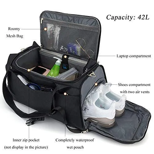 2021 Sports Duffle Bag with Shoes Compartment and Wet Pocket 42L Waterproof Gym Bag for Men and Women, Durable Travel Duffel Bag