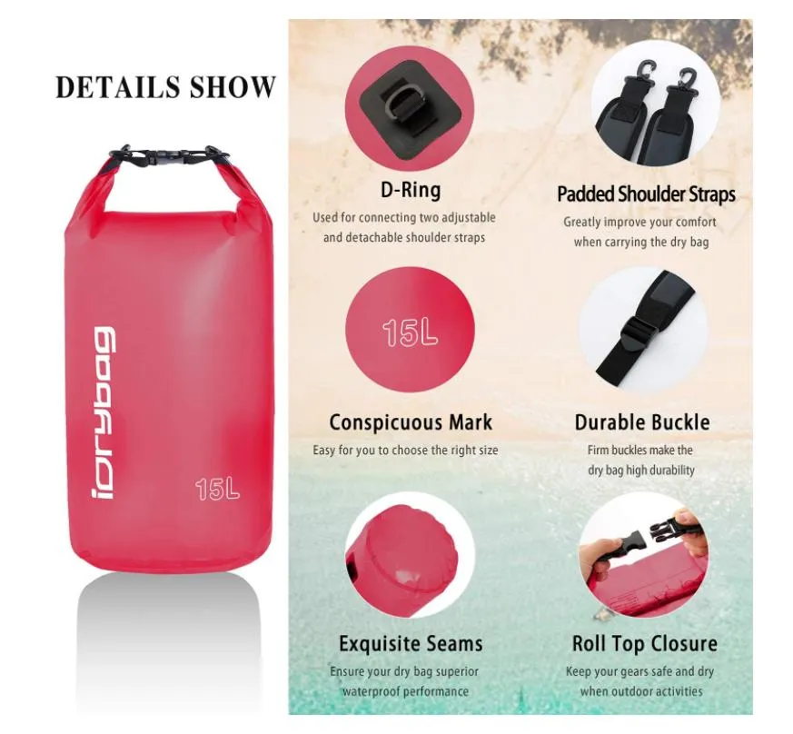 2L/5L/10L/15L/20L Lightweight Dry Sack Water Sports Marine Waterproof Bag Roll Top for Kayaking Boating Canoeing Clear Dry Bag Waterproof Floating