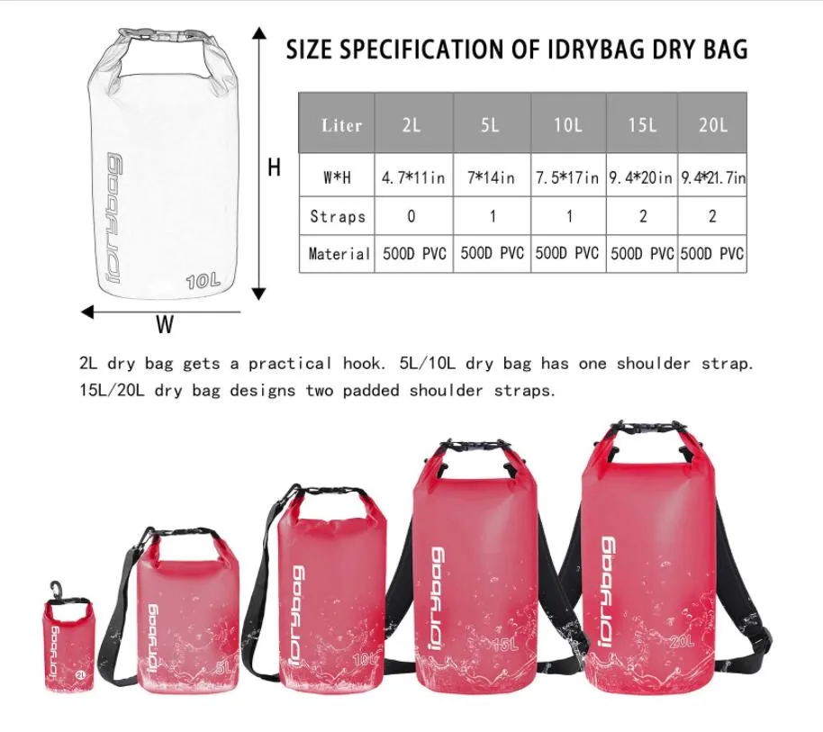 2L/5L/10L/15L/20L Lightweight Dry Sack Water Sports Marine Waterproof Bag Roll Top for Kayaking Boating Canoeing Clear Dry Bag Waterproof Floating
