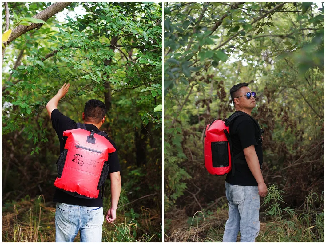 500d PVC Tarpaulin Fashion Waterproof Bag 30L Capacity Hiking Bag Backpack Roll-Top Closure Waterproof Zipper Pocket and Mesh Bags