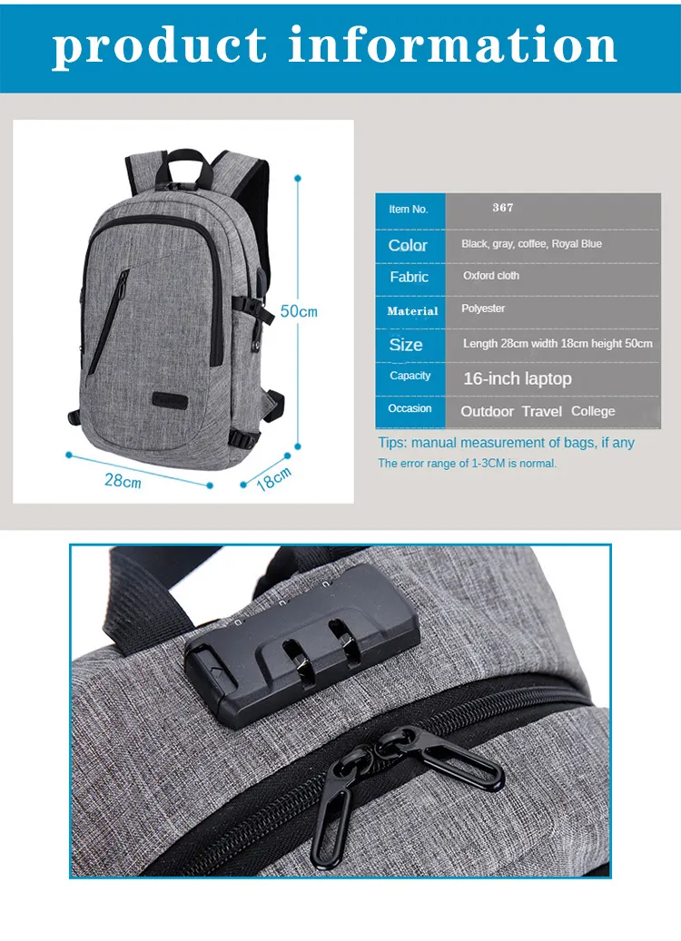 Bag Travel Anti-Theft Backpack Bag Notebook Bag Travel Men with USB Charge
