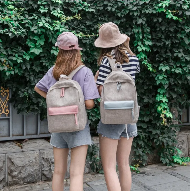 China Factory Wholesale New Simple Style Preppy Girl Linen High Women Middle School Backpack