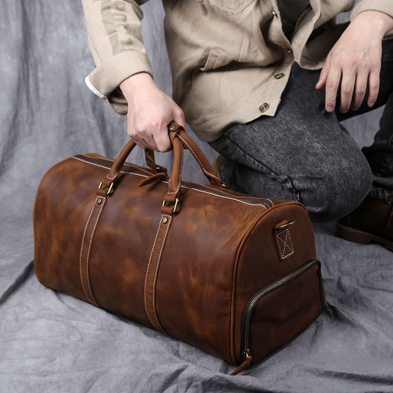 Crazy Horse Leather Duffel Bag with Shoes Compartment Vintage Brown Real Leather Travel Bag for Men