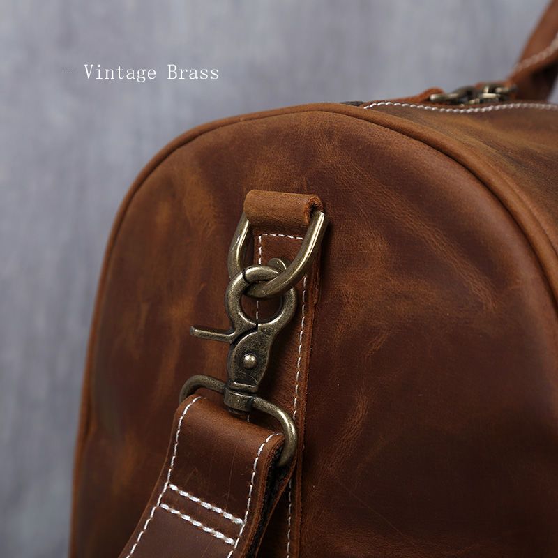 Crazy Horse Leather Duffel Bag with Shoes Compartment Vintage Brown Real Leather Travel Bag for Men