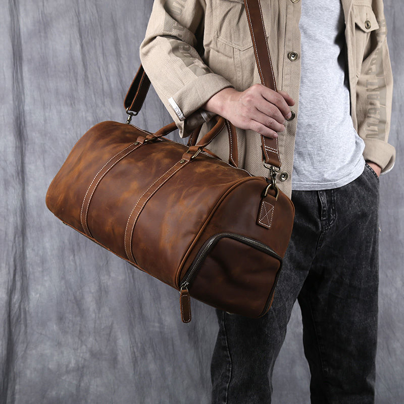 Crazy Horse Leather Duffel Bag with Shoes Compartment Vintage Brown Real Leather Travel Bag for Men