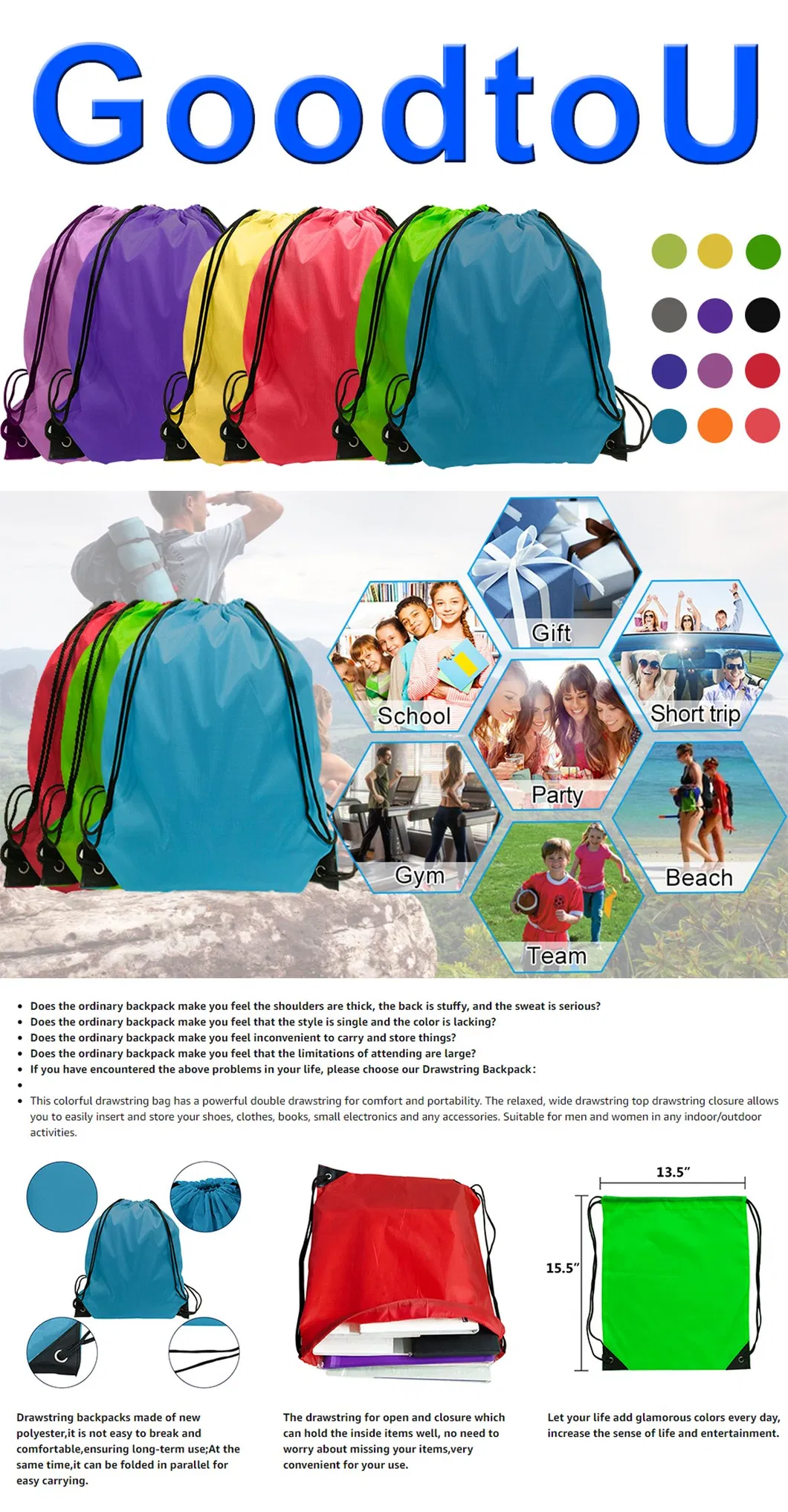 Drawstring Backpacks Bulk Cinch Bags Multi-Color Sports Gym Drawstring Bags for Traveling Gym Yoga Storage Supplies