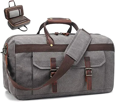 Duffle Bag for Men Waterproof Genuine Leather Canvas Travel Duffel Bags for Women Overnight Weekender Bag for Traveling