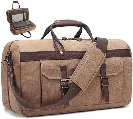 Duffle Bag for Men Waterproof Genuine Leather Canvas Travel Duffel Bags for Women Overnight Weekender Bag for Traveling