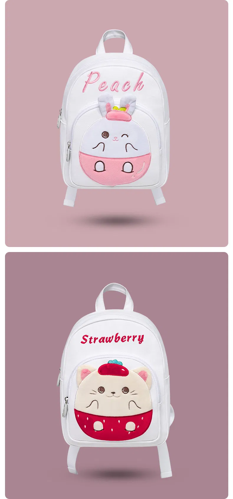 Factory White Canvas Fruit Animal Character OEM Custom Embroidery Unisex Cartoon Cute Outdoor Travel Park School Children Doll Toy Clothes Packing Kids Bag