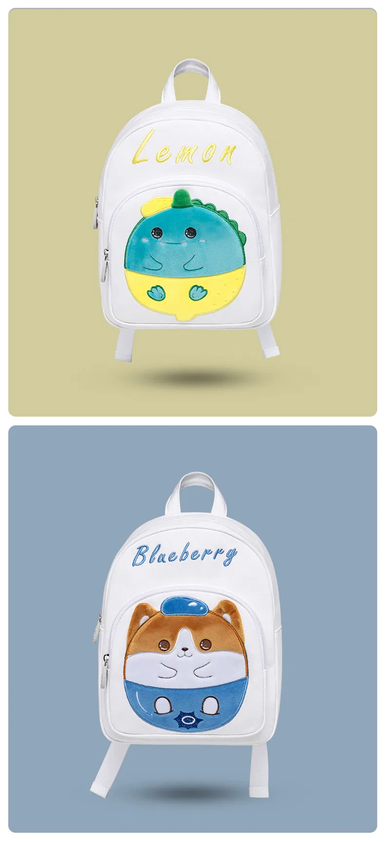 Factory White Canvas Fruit Animal Character OEM Custom Embroidery Unisex Cartoon Cute Outdoor Travel Park School Children Doll Toy Clothes Packing Kids Bag