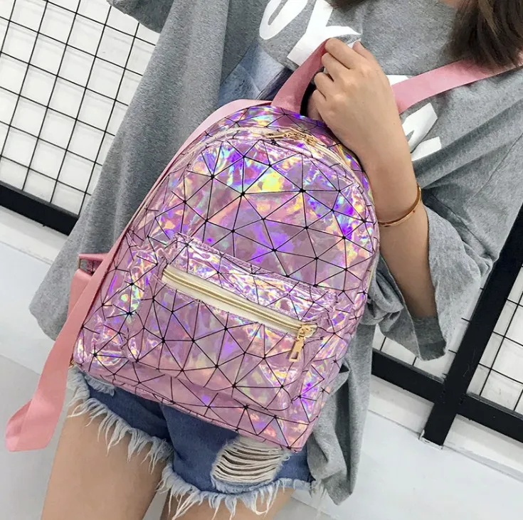 Fashion Hologram Backpack for Women PU Leather Mixed Textile Bags Traveling School Backpack