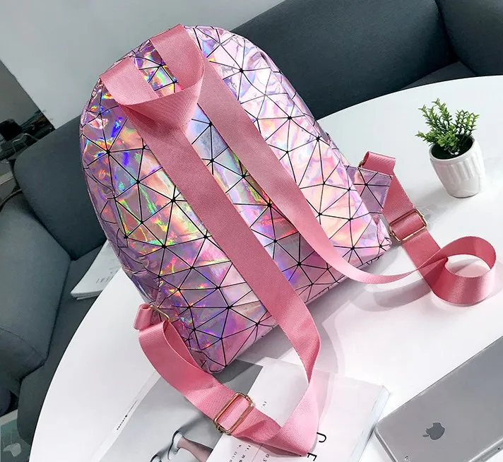 Fashion Hologram Backpack for Women PU Leather Mixed Textile Bags Traveling School Backpack