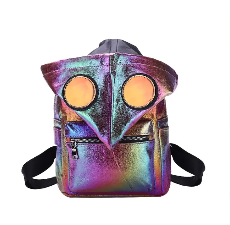 Fashion Hologram Backpack for Women PU Leather Mixed Textile Bags Traveling School Backpack