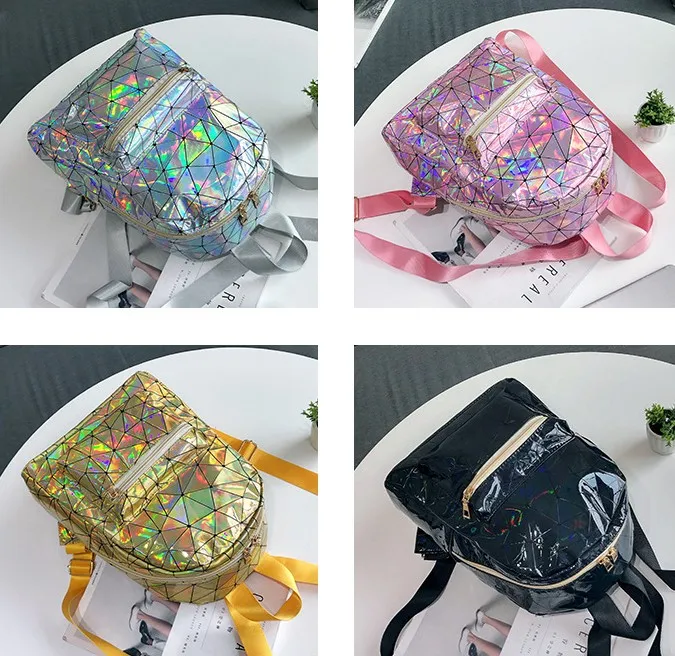 Fashion Hologram Backpack for Women PU Leather Mixed Textile Bags Traveling School Backpack