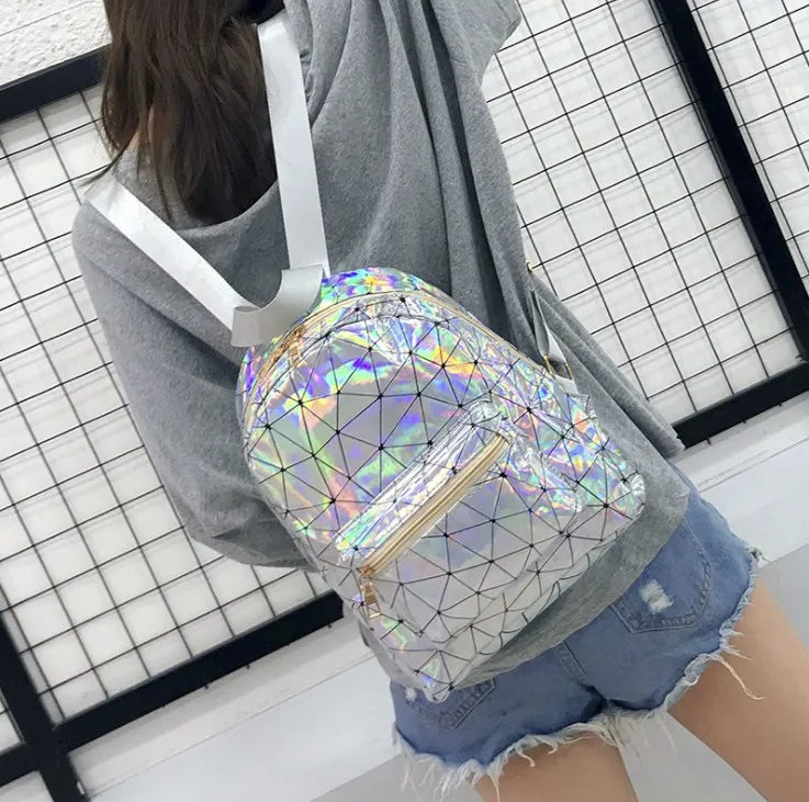 Fashion Hologram Backpack for Women PU Leather Mixed Textile Bags Traveling School Backpack