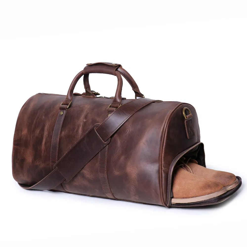 Hand-Made Mens Custom Leather Travel Luggage Bag Retro Duffel Bag with Shoe Apartment Leather Travel Bag
