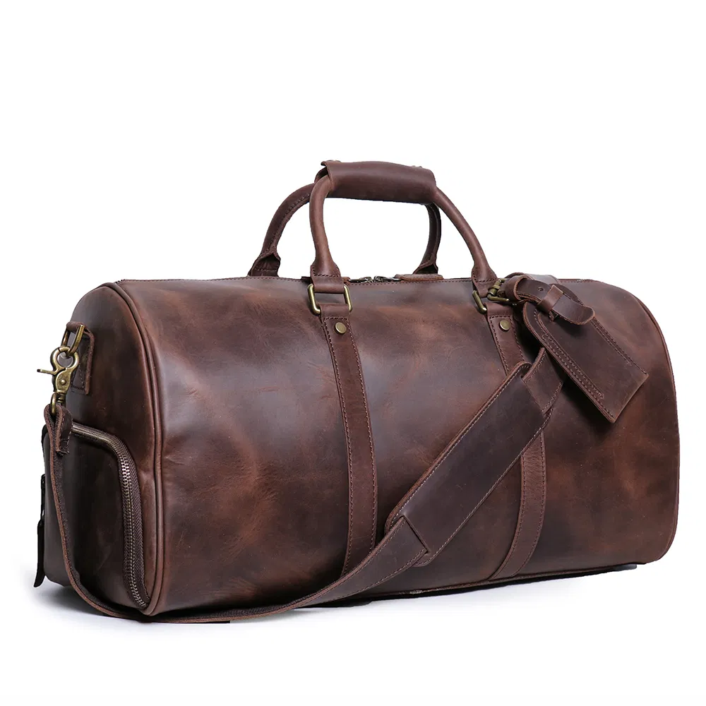 Hand-Made Mens Custom Leather Travel Luggage Bag Retro Duffel Bag with Shoe Apartment Leather Travel Bag