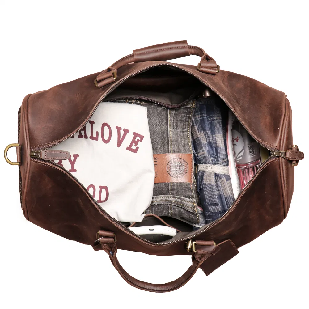 Hand-Made Mens Custom Leather Travel Luggage Bag Retro Duffel Bag with Shoe Apartment Leather Travel Bag