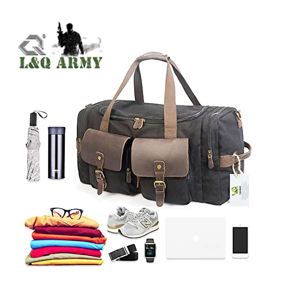 Leather Canvas Duffle Bag Weekend Overnight Bag Travel Tote Duffel Luggage