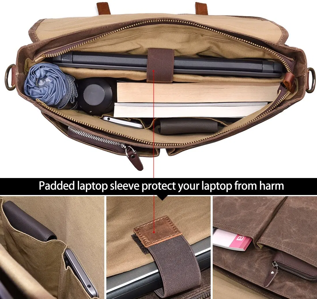 Mens Messenger Bag 15.6 Inch Waterproof Vintage Genuine Leather Waxed Canvas Briefcase Large Satchel Shoulder Bag Rugged Leather Computer Laptop Bag , Brown
