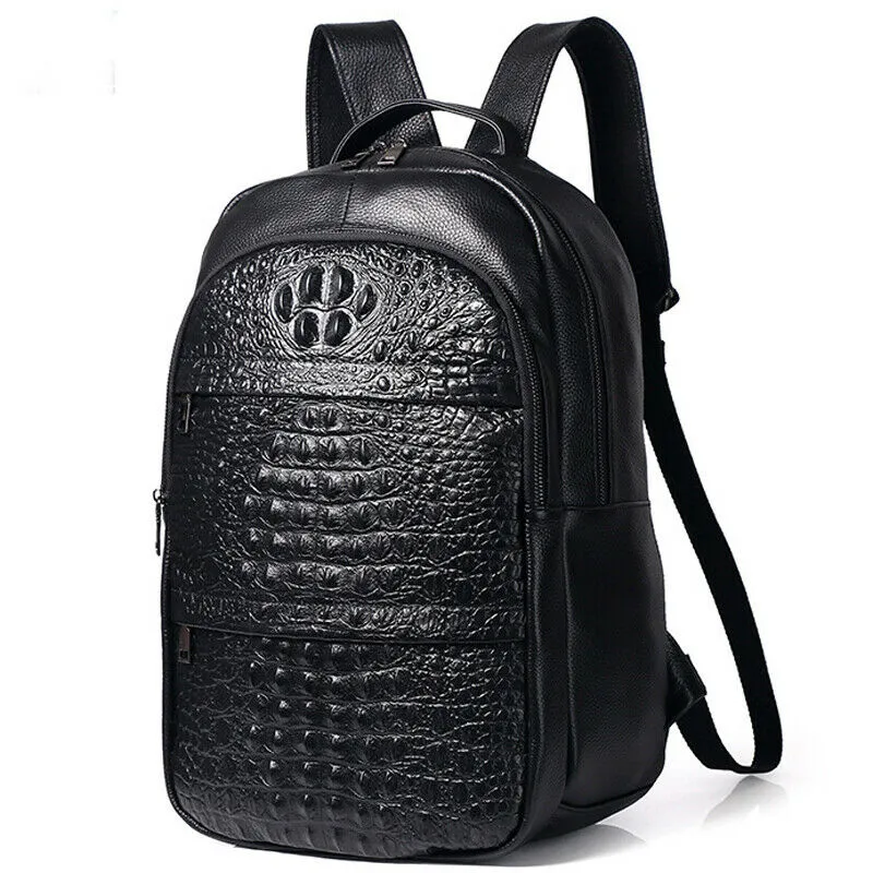 Unique Men′s 100% Cow Leather Crocodile Backpack Travel Rucksack Bag 14" Waterproof Laptop School Backpack