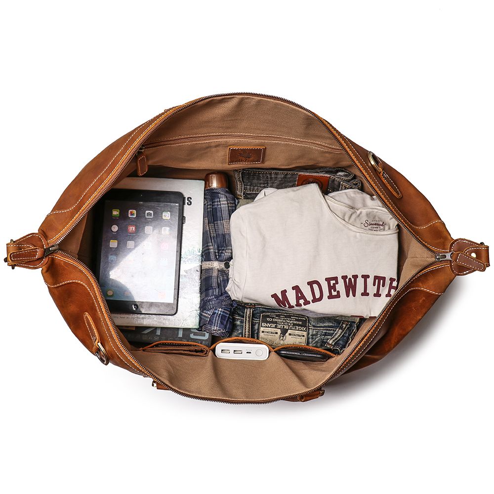 Vintage Leather Weekend Bag, Full Grain Mens Cow Leather Sports Travel Duffels Classic Gift Weekend Luggage Bag (Brown)