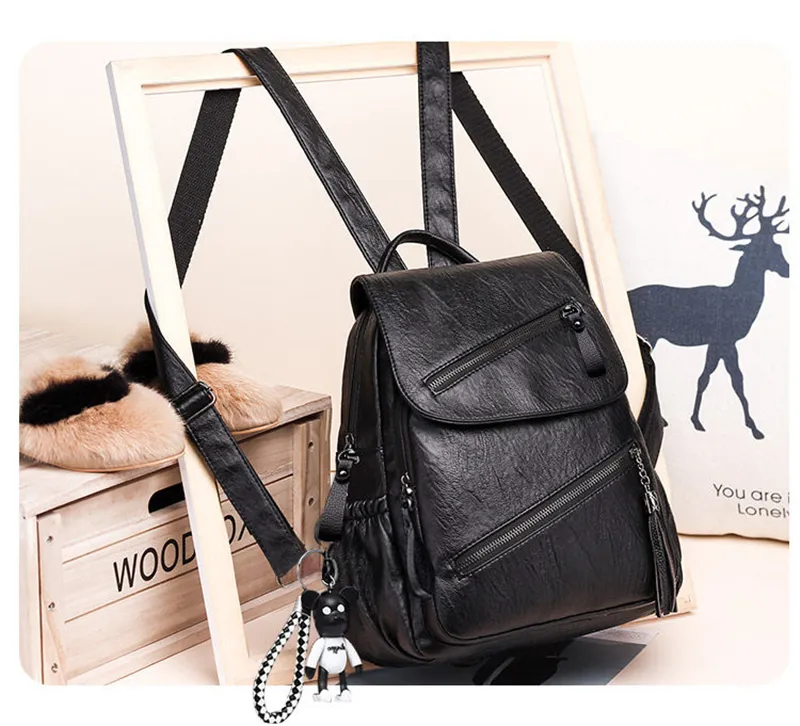 Vintage Tassel PU Leather Multi-Zip Clamshell Women Backpacks High Quality Soft School Bags High Capacity Designer Travel Bags