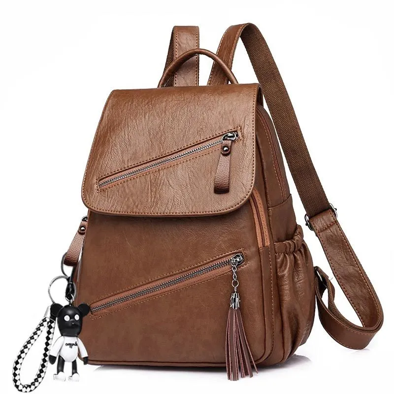 Vintage Tassel PU Leather Multi-Zip Clamshell Women Backpacks High Quality Soft School Bags High Capacity Designer Travel Bags