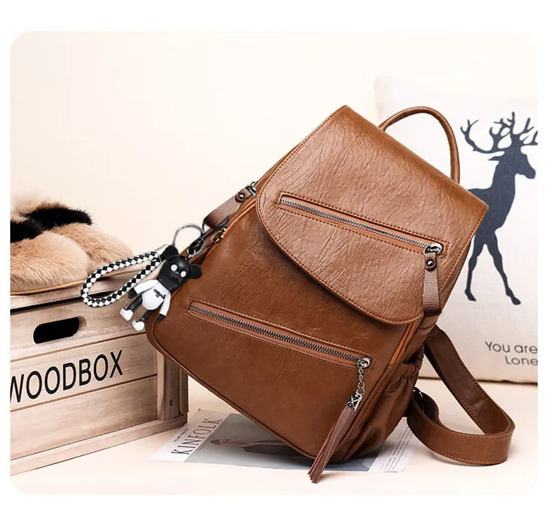 Vintage Tassel PU Leather Multi-Zip Clamshell Women Backpacks High Quality Soft School Bags High Capacity Designer Travel Bags